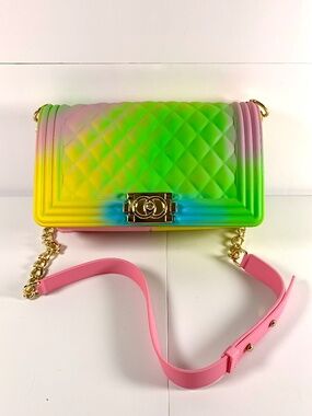 Multicolored quilted jelly shoulder bag rainbow gradient rectangle gold chain